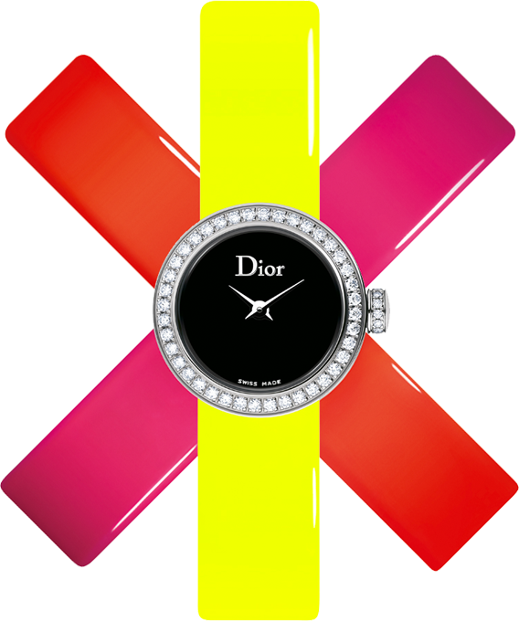 Dior Horlogerie vous présente la nouvelle La Mini D de Dior « Bracelet fluorescent » ultra,vitaminée, ornée d\u0027un bracelet en cuir verni fluo rose,